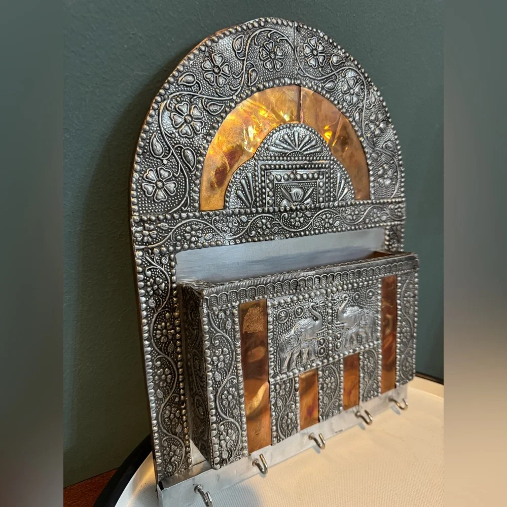 Hammered Metal Hanging Letter Holder and Key Hooks Elephant God Ganesh